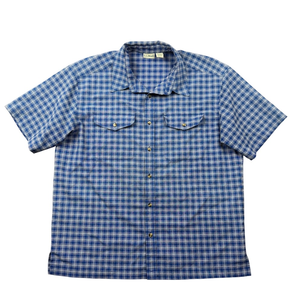 Vintage LL Bean Mens XL Blue Plaid Short Sleeve Button Up Shirt Outdoors Granola